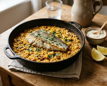 Caldero murciano | Spanish rice with sea bass and alioli
