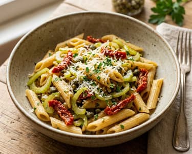 Penne with Celery, Sun-Dried Tomatoes, and Capers | Quick Dinner