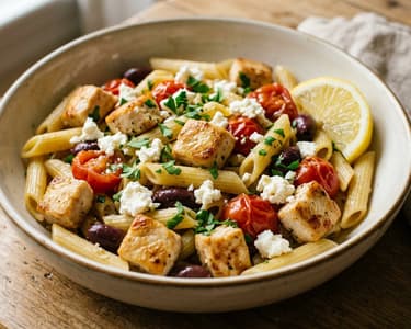 Greek pasta with chicken, Kalamata olives and feta | Quick dinner