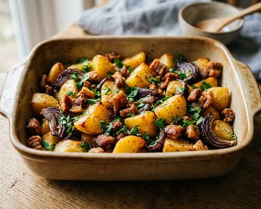 Roast Potatoes with Pork Cracklings and Red Onion | Golden and Fragrant