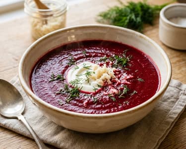 Cream of beetroot soup with horseradish and fresh dill