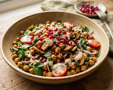 Salată caldă de năut și ciuperci cu tahini | Prânz oriental sățios
