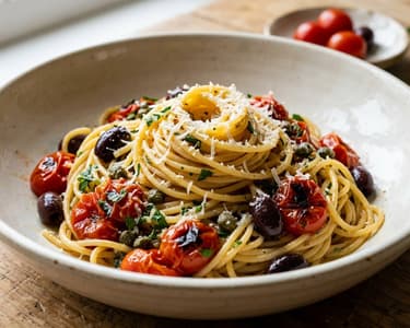 Spaghetti all'Eoliana | Clasic sicilian cu roșii cherry, măsline și capere