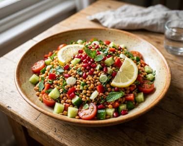 Oriental red lentil salad with pomegranate and fresh herbs