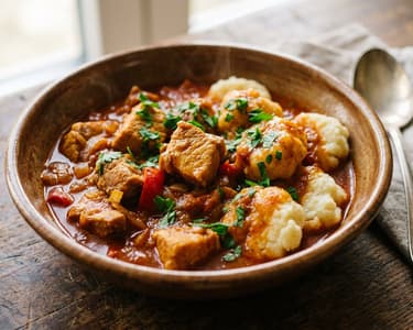 Transylvanian pork stew with potato dumplings