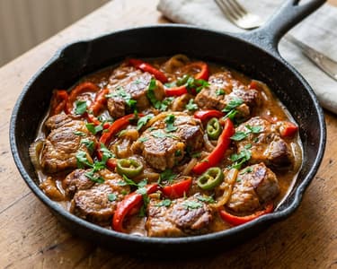 Outlaw-style pork skillet with vegetables and white wine