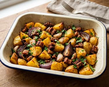 Transylvanian Baked Potatoes with Pork Cracklings and Red Onion | Golden and Aromatic