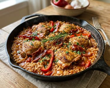 Arroz con pollo al chilindrón | Orez spaniol cu pui și sos chilindrón la oală