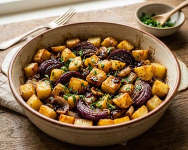Cartofi copți cu ceapă roșie și glazură de oțet balsamic