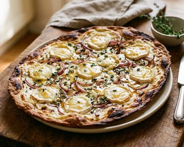 Tarte Flambée with Goat Cheese and Red Onion | Crispy Alsatian Flatbread
