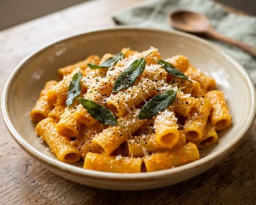 Rigatoni cu cremă de cartofi dulci și salvie crocantă