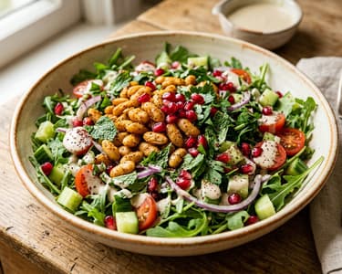 Salată orientală cu fasole albă crocantă și tahini | Prânz sățios