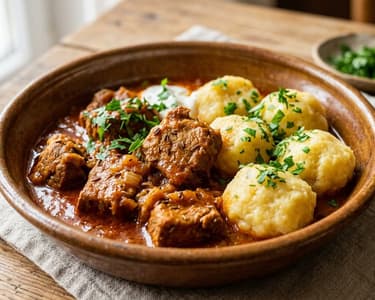 Tocană ardelenească de porc cu găluște pufoase de cartofi