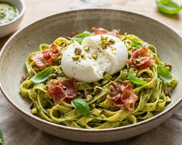 Tagliatelle cu pesto de fistic și burrata