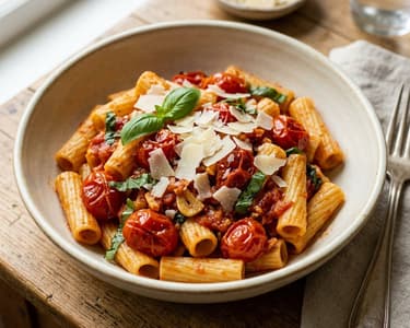 Rigatoni cu roșii cherry coapte și parmezan