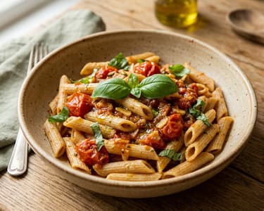 Penne fără gluten cu roșii cherry și busuioc