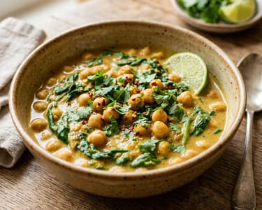 Curry vegan aromat de năut cu spanac și lapte de cocos