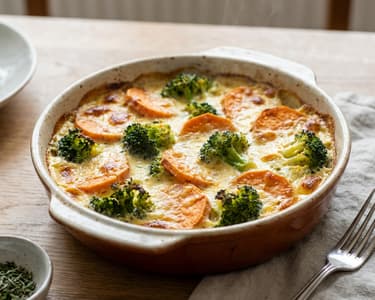 Brocoli la cuptor cu cartofi dulci și smântână