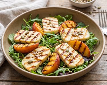 Salată verde cu brânză Halloumi la grătar şi piersici