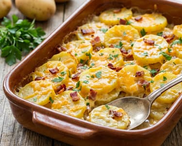 Cartofi gratinați cu brânză și bacon afumat