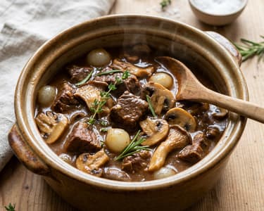 Beef stew with mushrooms and herbs