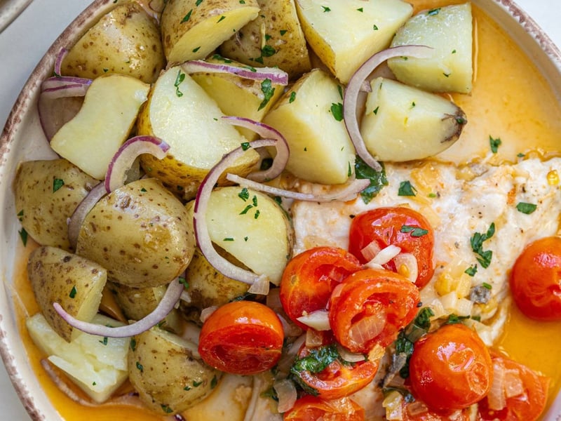 Sea Bream with Tomatoes and Roasted Potatoes