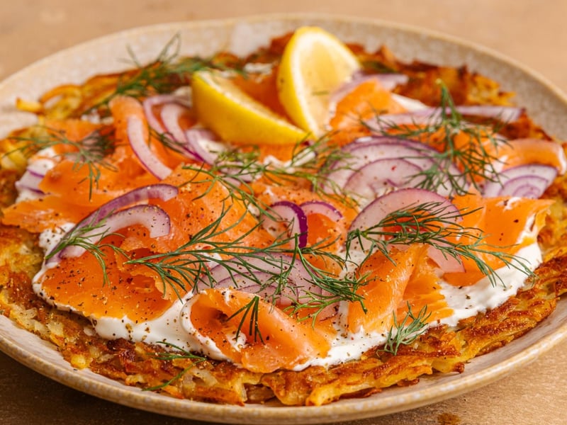 Rösti de cartofi cu somon afumat și smântână