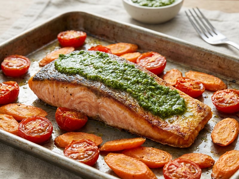 Salmon with oven-baked vegetables and basil pesto