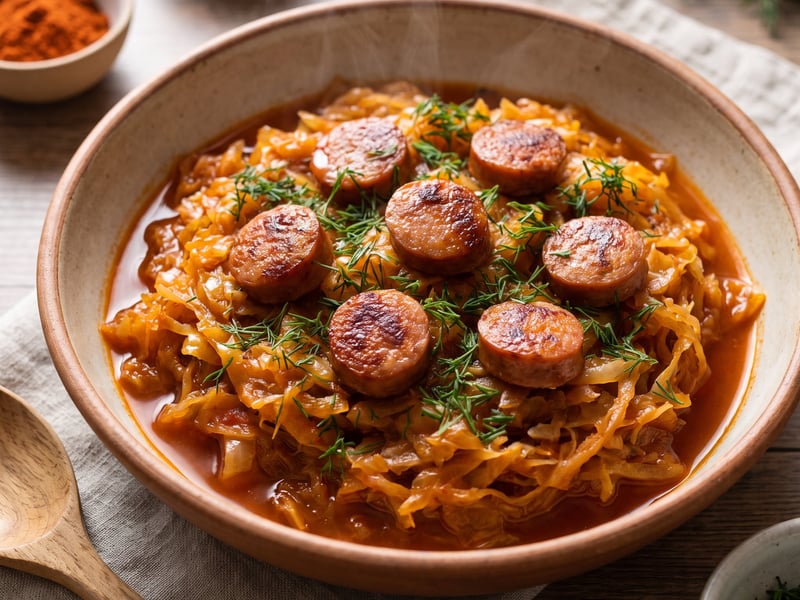Sautéed cabbage with sausages