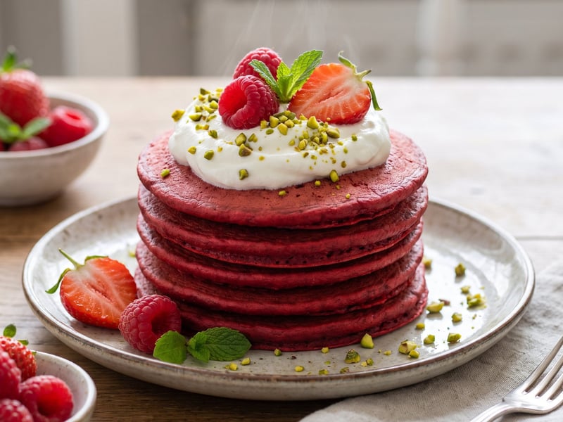 Red Velvet Pancakes with Whipped Cream and Pistachios