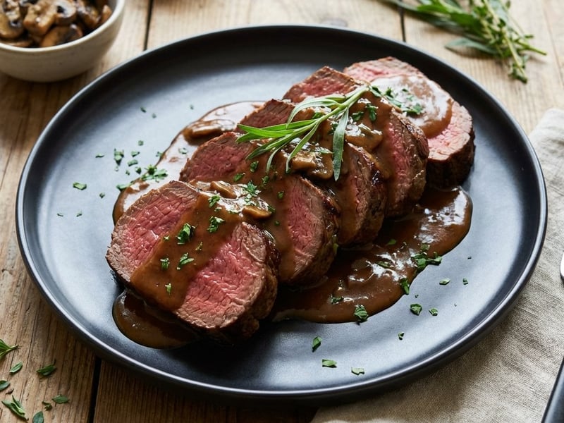 Chateaubriand cu sos de ciuperci și demi-glace