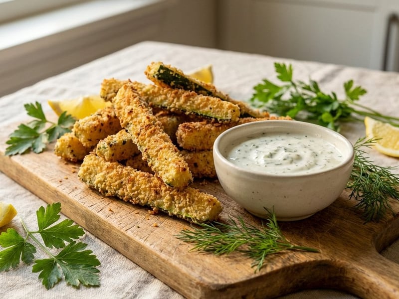 Dovlecei crocanți cu sos de smântână și ierburi aromatice