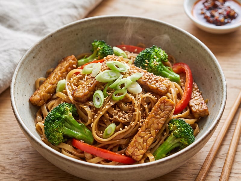 Rice noodle stir-fry with tempeh and vegetables