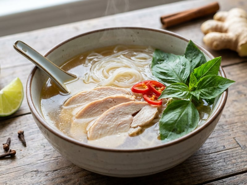 Pho with turkey and aromatic herbs