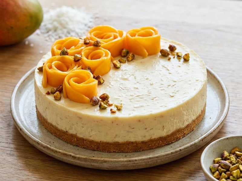 Cheesecake cu nucă de cocos, mango și fistic caramelizat