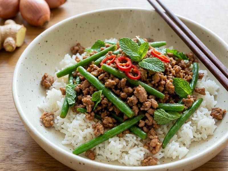Đỗ xào thịt - Carne tocată cu păstăi de fasole verde