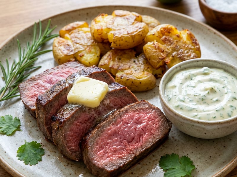 Beef Steak with Baked Potatoes and Coriander Mayonnaise