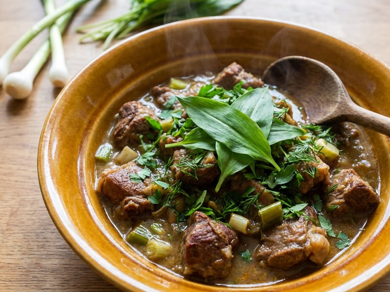 Lamb Stew with White Wine, Wild Garlic, and Fresh Spring Notes