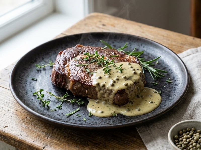 Sos de piper verde Kampot cu steak de vită
