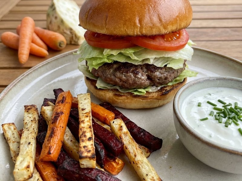 Burger cu cartofi prăjiți din legume și dip de iaurt
