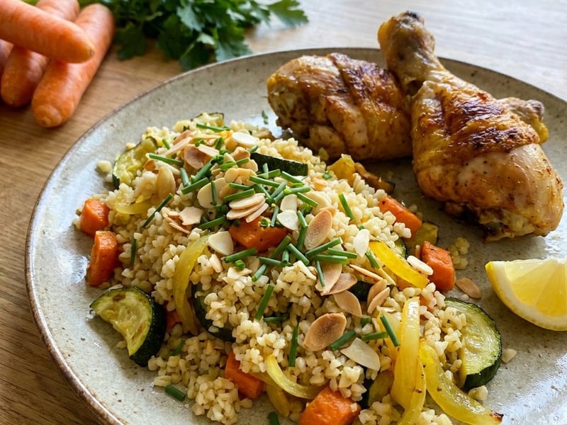 Roasted Chicken with Bulgur and Vegetable Salad