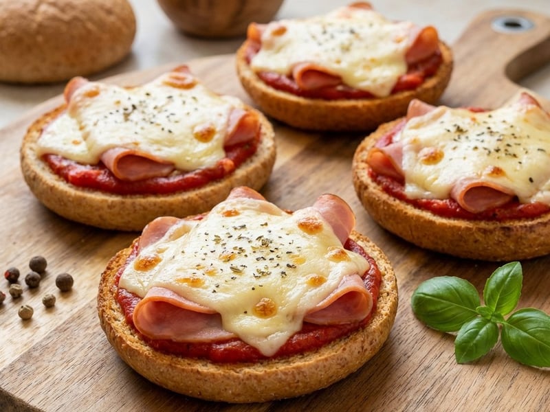Mini pizza pe chifle cu șuncă și brânză