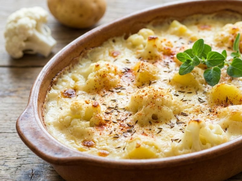 Conopidă gratinată cu brânză și cartofi
