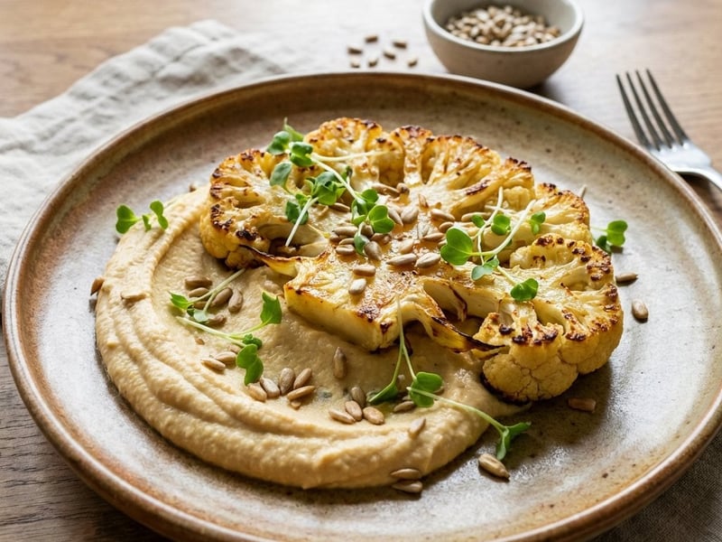 Steak de conopidă cu cremă de năut și hummus