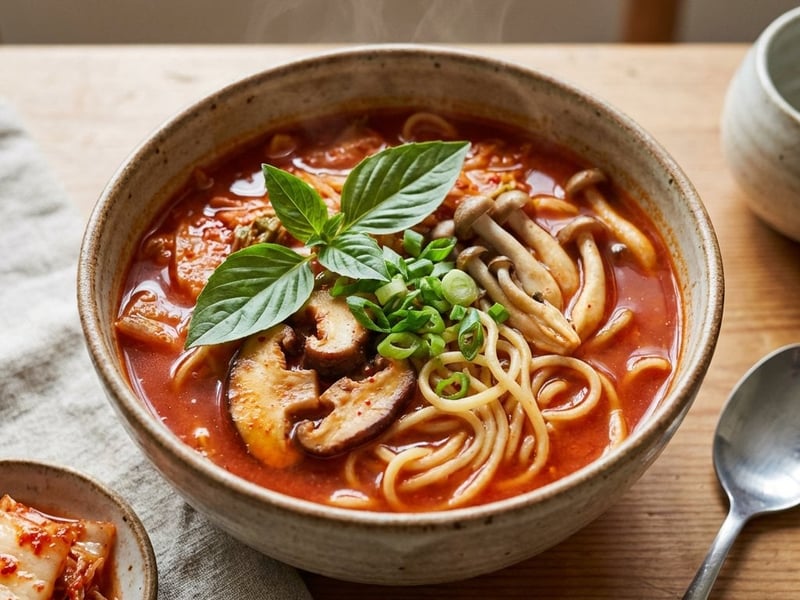 Supă Kimchi picantă cu tăiței și ciuperci