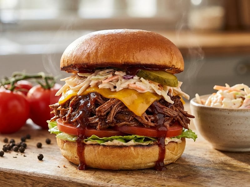 Burger cu vită gătită lent și salată Coleslaw