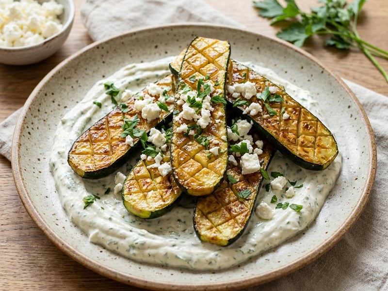 Caramelized zucchini with feta and herb dip
