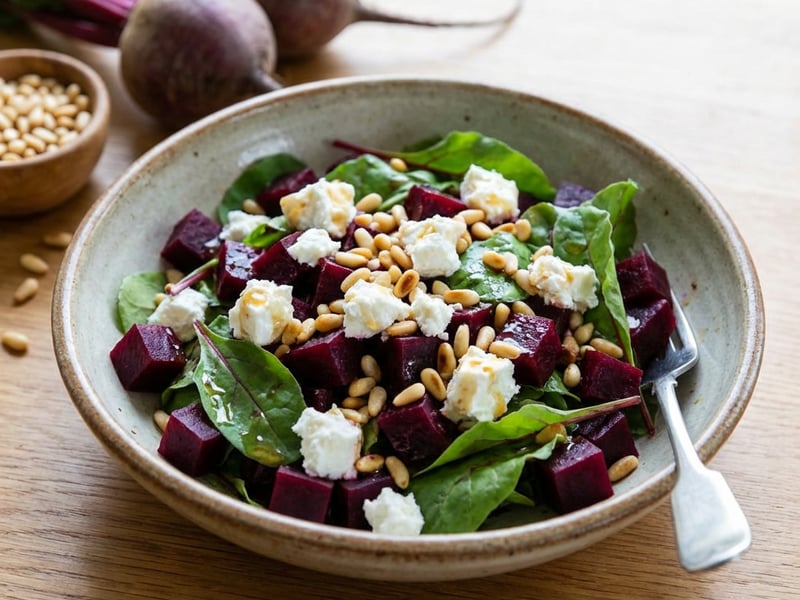Red beet salad with goat cheese and pine nuts