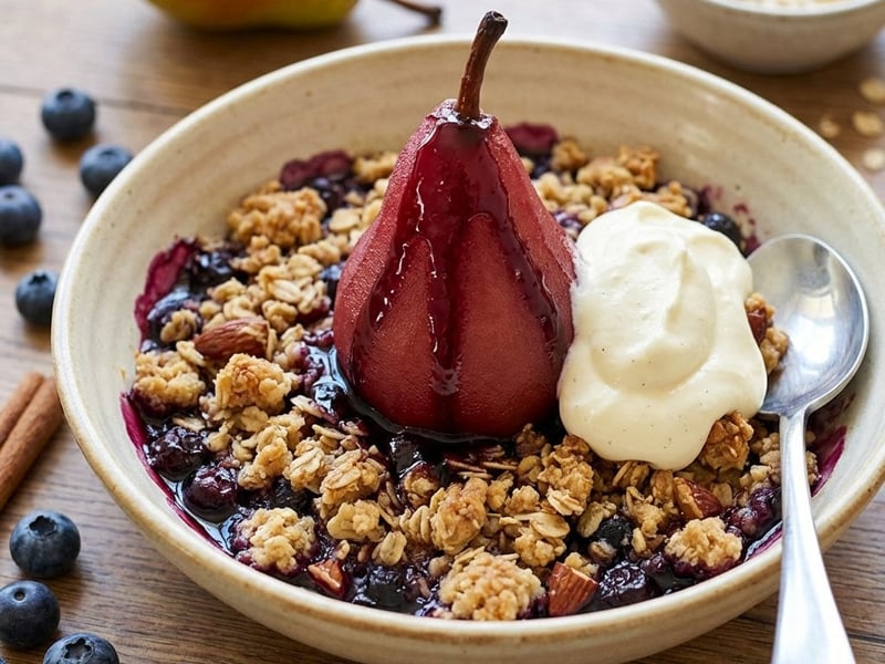 Crumble cu pere și afine cu pere poșate și cremă de vanilie