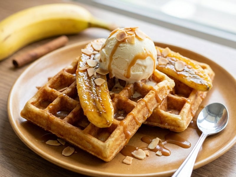 Vafle cu banane caramelizate și înghețată